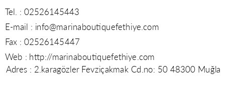 Marina Boutique Fethiye telefon numaralar, faks, e-mail, posta adresi ve iletiim bilgileri